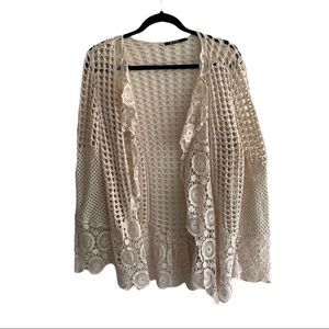 𝅺NIC & ZOE Boho Cotton Crochet Knit Open Front Cardigan Sweater Cream L